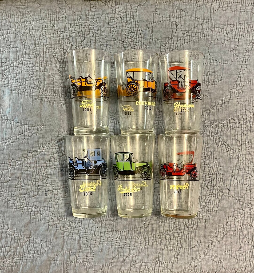 5 Antique Car Glasses, Choice, 10 Ounces Decorated With Antique Cars Etsy