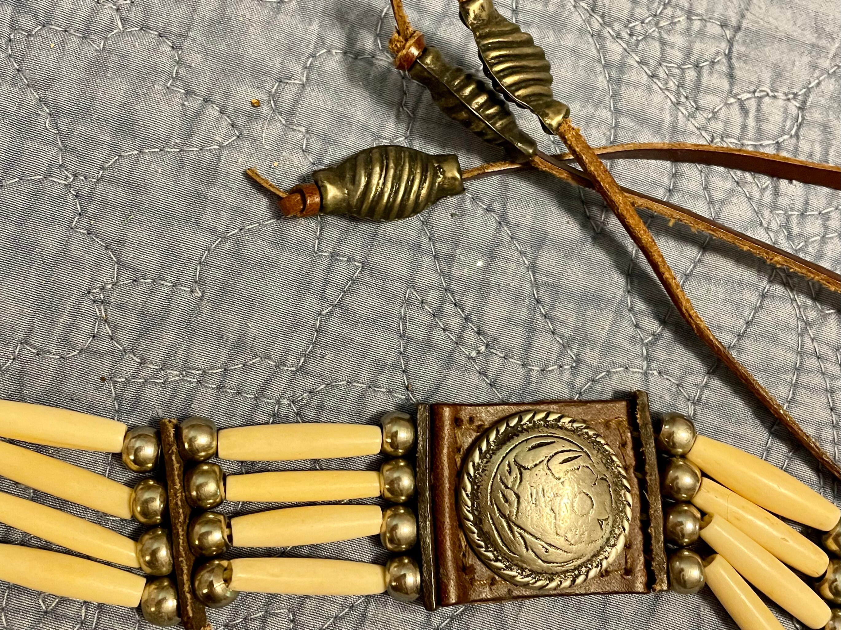 Vintage Native American Concha Leather Tie Belt With Bone  display picture 1