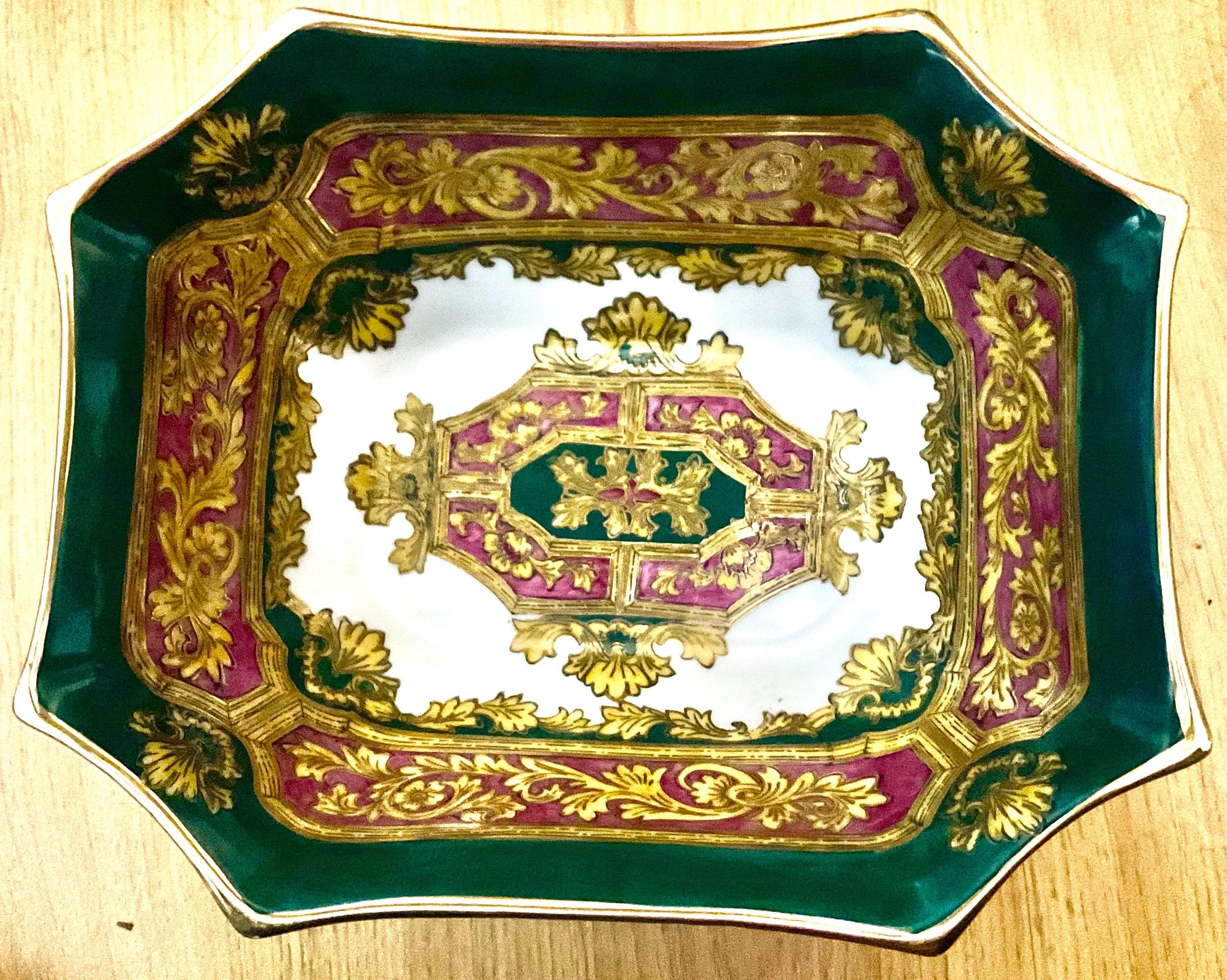 Vintage Andrea by Sadek Bowl, Oriental Green Gold Decor  Vintage Andrea by Sadek Porcelain Bowl Neoclassical Green Magenta Gold Gilt 8\