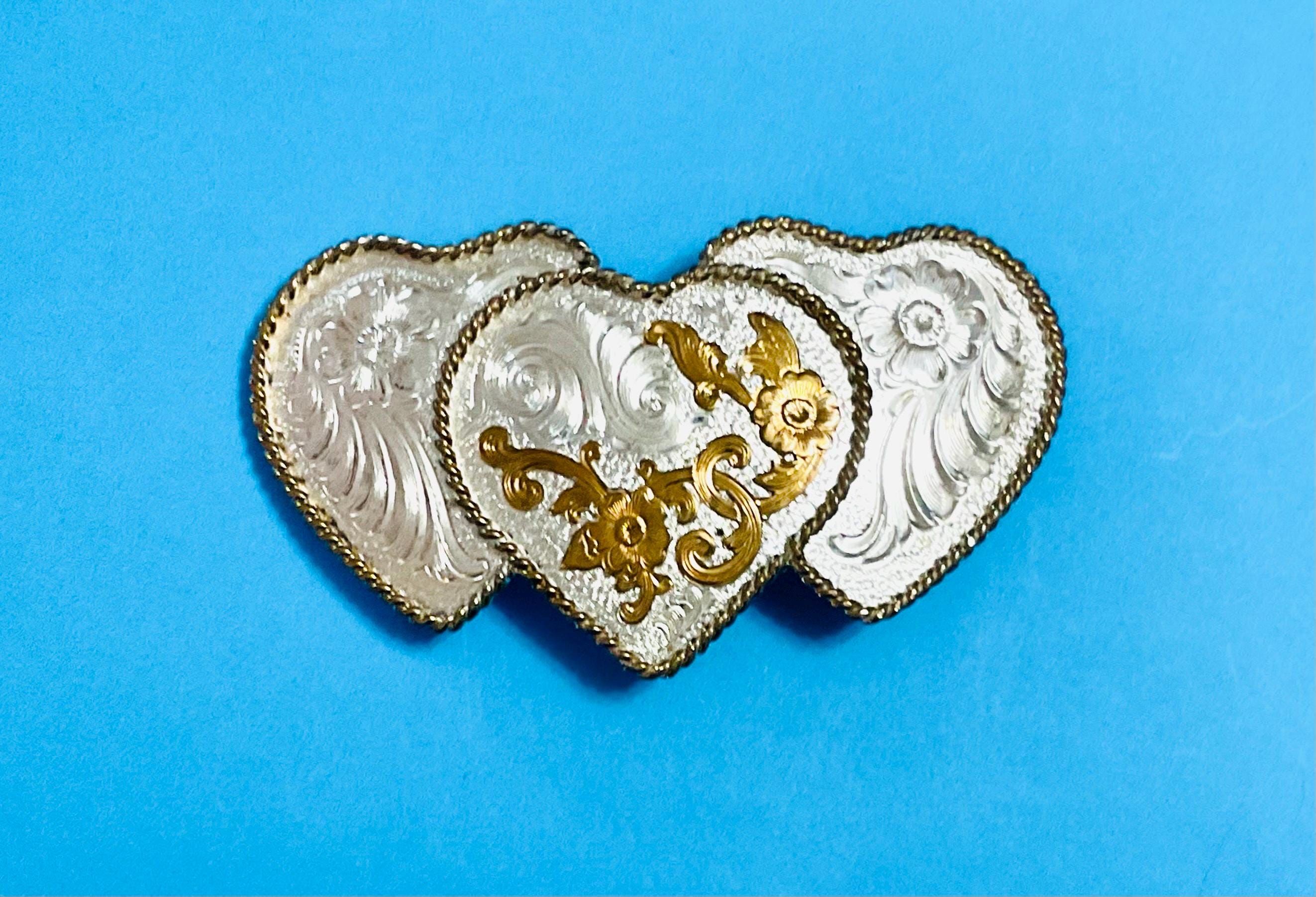 Vintage Triple Heart Belt Buckle, Silver Plate, Hand Engraved