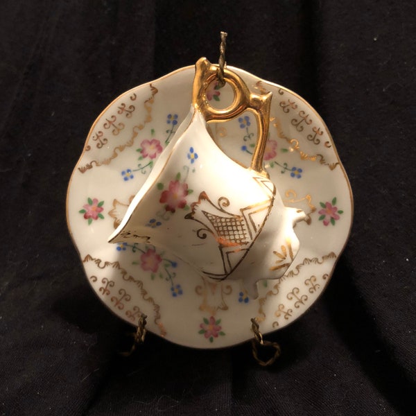 Cup & Saucer Mini Antique with Wire Display Stand