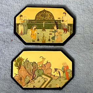 5.5”L  Oriental Golden Black Laquered Wall Art, Vintage Pair