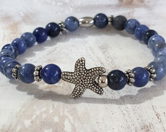 Bracelet of blue Sodalite with silver-plated starfish gift for sea lovers, gift for her
