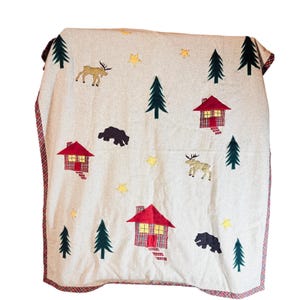 Throw Blanket Wool Blend Sherpa Cabin Moose Bear