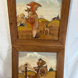 Vintage German Folk Art Wood Carved Frame Figurine Sculpture Wall Art