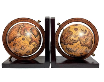 VTG Italian Globe Old World Bookends Wood Base MCM Decor Library Office Den Book