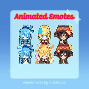 Può includere: Emoticon animate con personaggi anime con capelli blu, biondi e castani. I personaggi hanno varie espressioni, tra cui un punto interrogativo, una goccia di sudore e note musicali. Il testo "Animated Emotes" è visualizzato in alto.