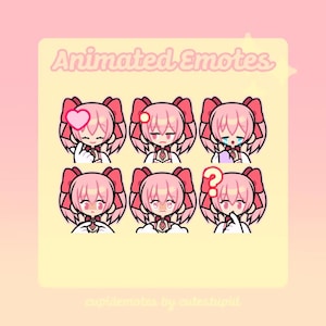 May include: Animated emotes featuring a pink-haired character with various expressions. The emotes include a heart, a dot, tears, and a question mark. The text "Animated Emotes" is at the top, with "cupidemotes by cutestupid" at the bottom.
