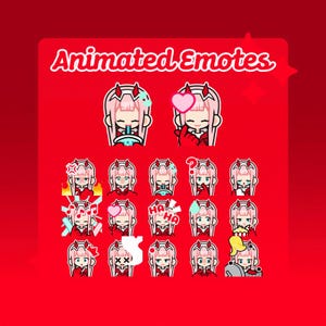 Peut inclure: Fond rouge avec le texte "Animated Emotes" en blanc. L'image présente une collection d'émoticônes animées d'un personnage aux cheveux roses, aux cornes rouges et à une tenue rouge, chacune avec une expression différente.