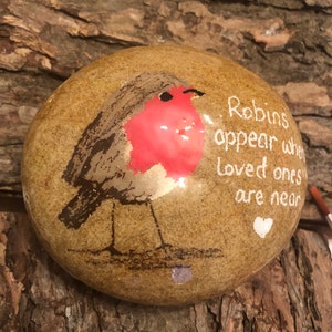 Hand-Painted Robin Memorial Pebble: Cemetery Grave Decoration
