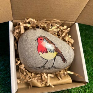 Könnte beinhalten: Ein handbemalter Stein mit einem Rotkehlchen-Motiv. Der Stein befindet sich in einer kleinen Schachtel aus Pappe mit braunem Verpackungsmaterial.
