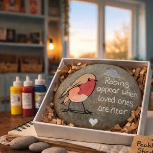 May include: A painted stone with a robin design and the text "Robins appear when loved ones are near" is presented in a white box with brown paper filler. The robin is depicted with a red breast and tan wings. A white heart is painted below the text.