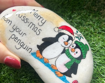 Hand-Painted Christmas Penguin Pebble:  one I love. Anniversary Keepsake Gift partner stocking filler