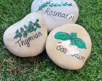 Guijarros de jardín pintados a mano: girasoles, lavanda, dalias, diseños de hierbas, marcadores de plantas