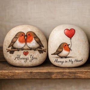 May include: Two painted stones with robin bird designs. One stone features two birds on a branch with the text "Always You" and a heart. The other stone shows a single bird with a red heart balloon and the text "Always in My Heart".