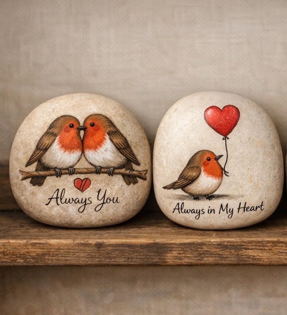 Hand-Painted Robin Pebble:  love Memorial Garden Keepsake