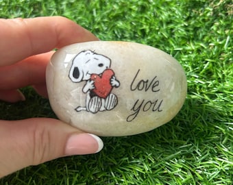 Hand-Painted Snoopy Pebble: “love you” - Unique Keepsake pocket hug