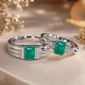 Emerald Couple Rings Set 925 Sterling Silver, His and Hers Matching Emerald Wedding Bands, Vintage Art Deco Infinity Promise Rings Set