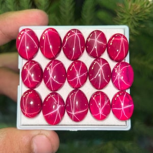 May include: A selection of oval, deep red gemstones, each displaying a star-like pattern of white lines. The gems are neatly arranged in a white tray, highlighting their polished surfaces and rich colour. These are likely rubies.