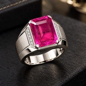 Könnte beinhalten: Ein silberfarbener Ring mit einem großen, rechteckigen, leuchtend pinkfarbenen Edelstein in der Mitte. Die Ringschiene hat an den Seiten ein gebürstetes Metallfinish und ist mit zwei vertikalen Reihen kleiner, klarer, funkelnder Steine verziert.