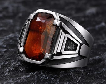 Men's Hessonite Garnet Ring 925 Sterling Silver, 14x8mm Rectangle Orange Garnet Ring for Men, Brushed Signet Band Textured Heavy Armor Ring