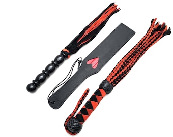3-Piece Leather Flogger Set – Suede Cat 9 Tails, Wood Handle & Heart Paddle