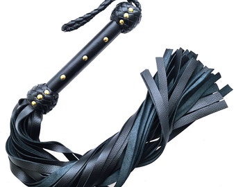Studded Black Leather Flogger – Handmade Heavy Whip