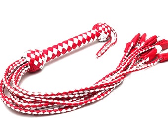 Handgemaakte rood-witte leren flogger – zweep met 9 staarten