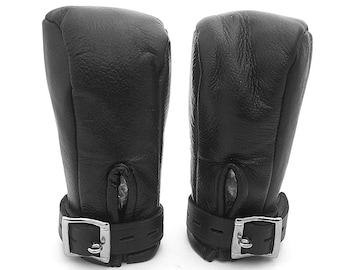 Guantes de cuero negro para puños: Esposas acolchadas para BDSM