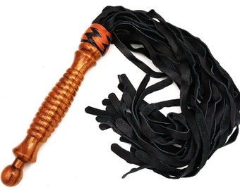 Wood Handle Leather Flogger, Handmade Black Whip