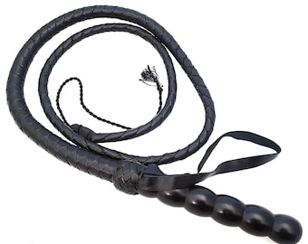 5ft Leather Bull Whip - Black Cosplay Whip with Wood Handle