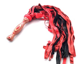 Handmade Leather Flogger – Red & Black, Wooden Handle Whip