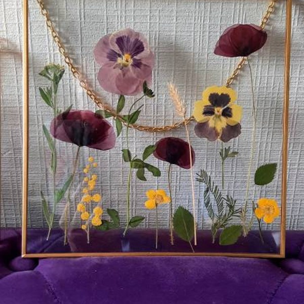 Herbarium / gedroogde bloemenlijst / geperste bloemen ingelijst / bloemdessin / dubbel glas zwevend frame / cadeau / bloemkunstwerk / muurframe