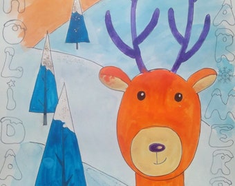 Winter drawing video lesson-Reindeer-children's art class-Drawing, Painting, Art for children aged 6 -New Year's picture-DIY Christmas card