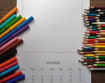 Printbare kalender 2027 DIY knutselwerkje voor kinderen, blanco wandkalender, maandplanner, A4-formaat, digitale download, maandag/zondag/activiteiten kleurplaat.