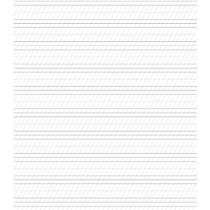 May include: A sheet of white practice paper featuring a series of horizontal lines arranged in sets of four, designed for calligraphy or handwriting. The paper includes faint, diagonal slanted guide lines crossing the horizontal rows.