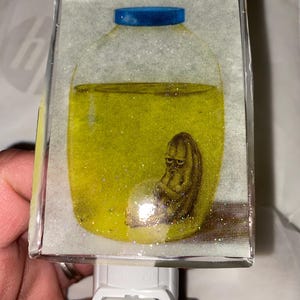 May include: A white night light with a clear glass insert featuring a cartoon pickle in a jar of yellow liquid. The jar has a blue lid. The night light has a white switch.