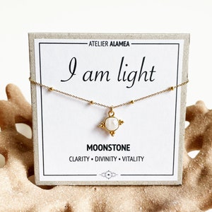 Moonstone necklace with intention affirmation I am light gold chain layering jewelry with healing stone I am light gift 925 silver gold-plated
