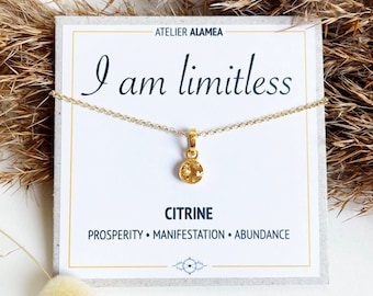 Citrine chain with intention affirmation I am limitless combinable chains healing stone abundance prosperity jewelry gift 925 silver gold plated