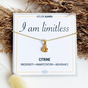 Citrine chain with intention affirmation I am limitless combinable chains healing stone abundance prosperity jewelry gift 925 silver gold plated