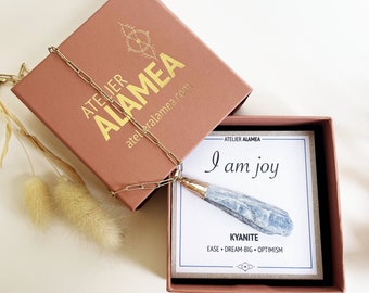 Necklace with Intention Affirmation I am Joy Kyanite gold chain jewelry with gemstone Joie de vivre I am joy gift 925 silver gold plated