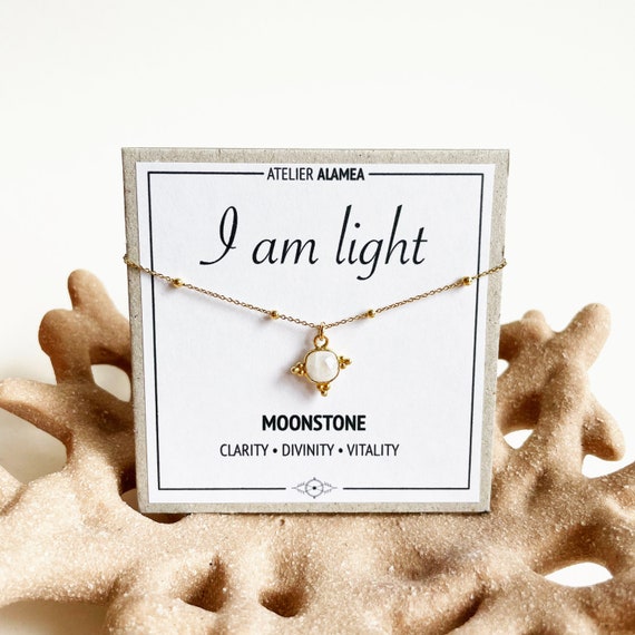Mondstein Kette mit Intention Affirmation I am light Goldkette Layering Schmuck mit Heilstein Ich bin Licht Geschenk 925er Silber vergoldet