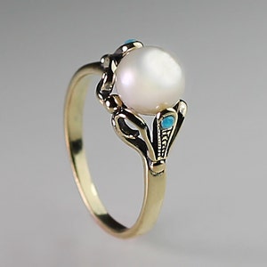 Prachtige handgemaakte 14k gouden ring met parel en turkoois, antieke stijl en zeer unieke, gratis verzending exprespost. door mijzelf gemaakt.