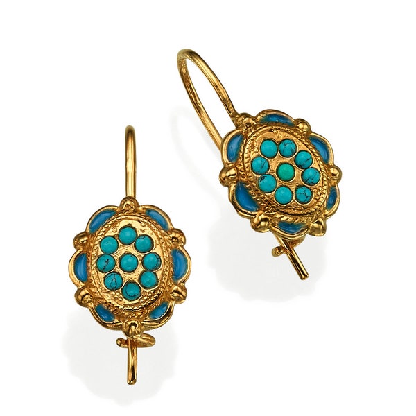 14K gold earring with turquoise gemstone and enamel , vintage antique style.