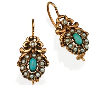 Antique style earring with a real Pearl and Turquoise , Antique, Rose, Boho ring, HANDMADE, Vintage, Filigree, Bohemian, Victorian, art deco