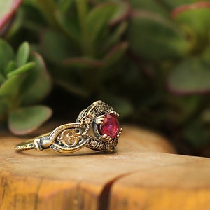 Gold Ring 14K Yellow, with a real Garnet and 12 Diamonds . Handmade . Free shipping .