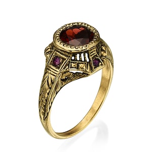 14k Victoriaanse handgemaakte ring in antieke stijl met granaat en 4 kleine robijnen, door mijzelf gemaakt, gratis verzending exprespost!