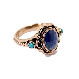 14K roségouden ring, vintage antiek ontwerp. met ovale saffieredelsteen en 2 afgeronde echt turkoois. Gratis verzending exprespost