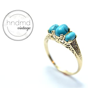 14K geelgouden ring met turquoise stenen, zacht filigraan, handgemaakt door mijzelf, GRATIS VERZENDING exprespost