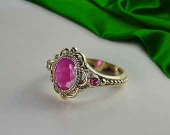 A Stunning Real 14K Yellow Gold and a Real Ruby Vintage Ring. Handmade. FREE SHIPPING!